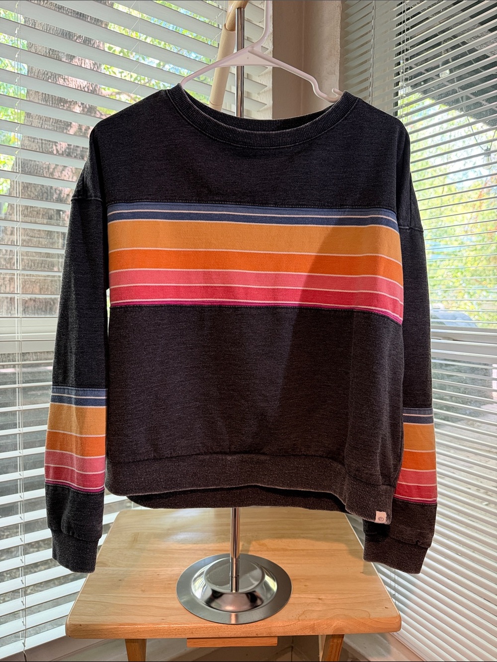 Rip Curl Black Crewneck Sweater with Orange, Pink and Blue Stripes